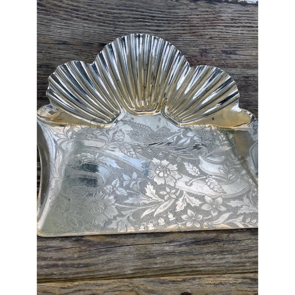 Antique Crumb Pan Tray Clam Shells Etched Bluebird flowers - Picture 13 of 16